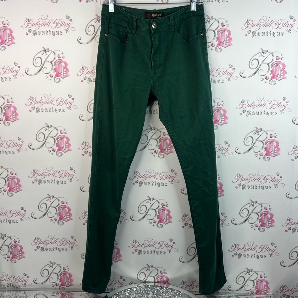 Monica's Fashion pants bottoms stretchy dark deep gold hardware Green Jeans